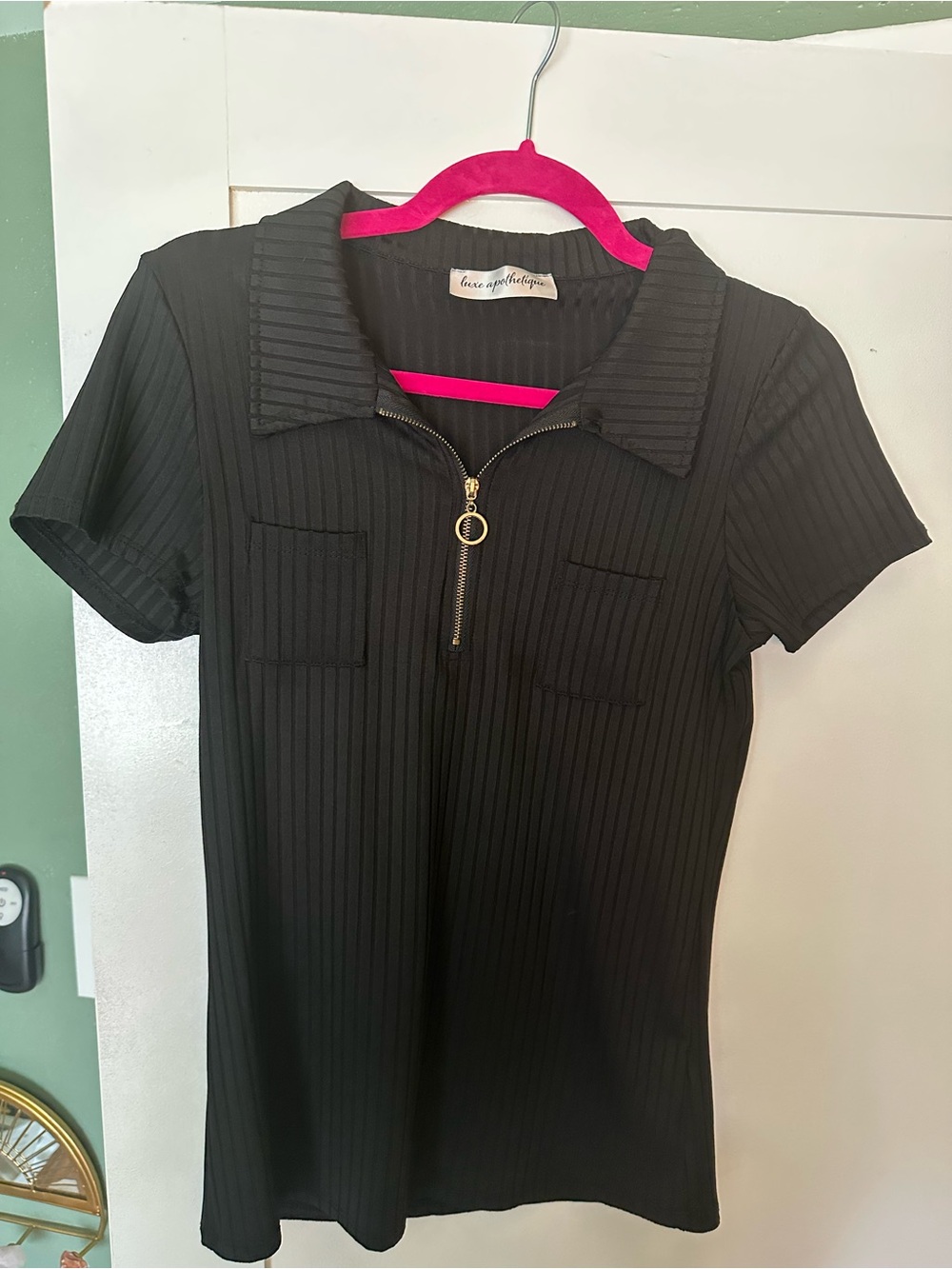 Black Ribbed Short Sleeve Polo Top with Zip